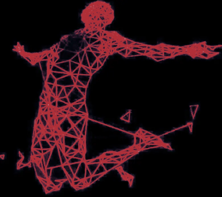 A red wire frame of a person jumping in the air.