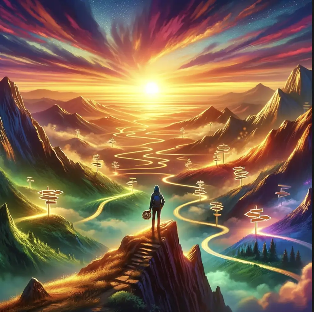 A painting of the sun setting over mountains