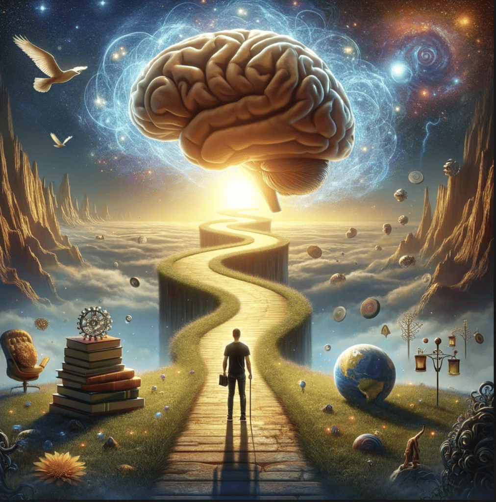 A person standing on the side of a road with a giant brain coming out.