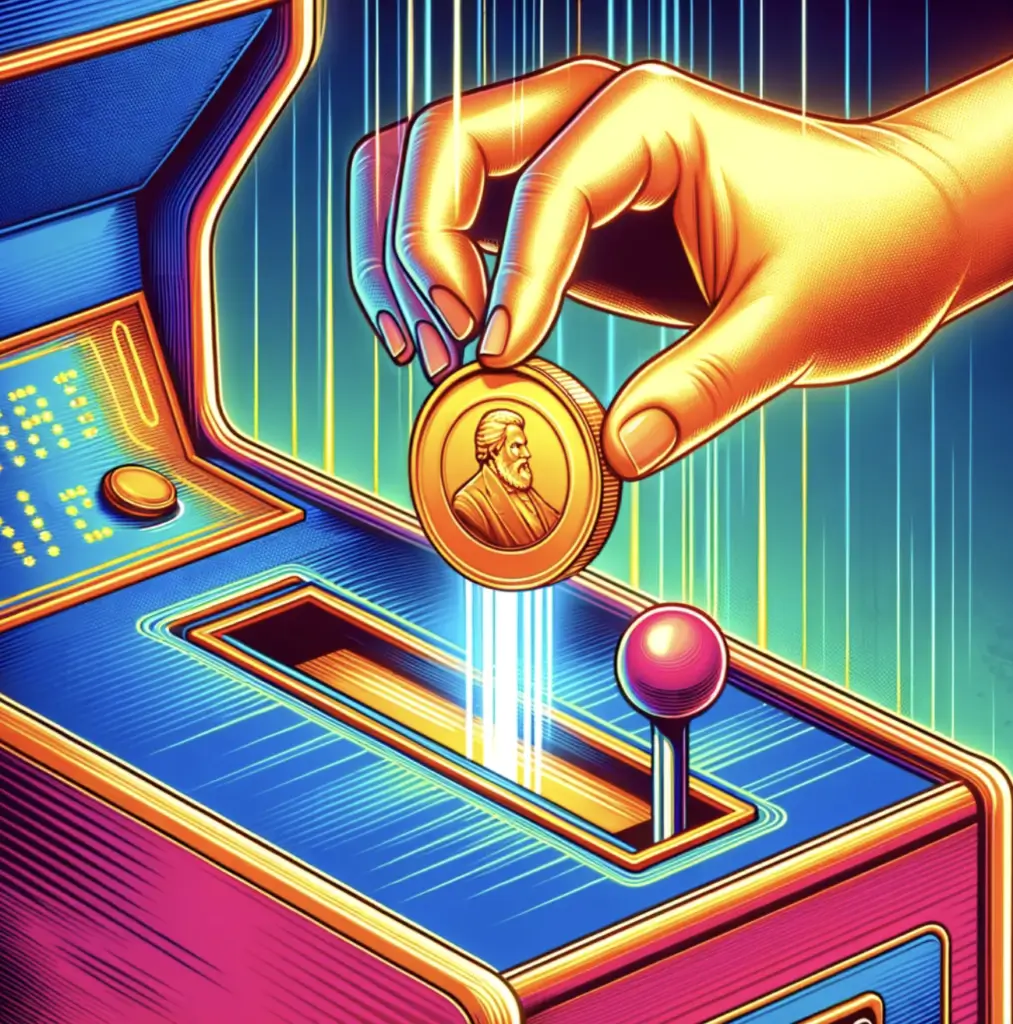 A hand holding up a coin to the side of an arcade machine.