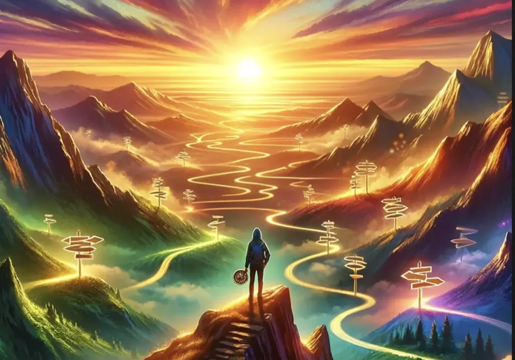 A painting of the sun setting over mountains