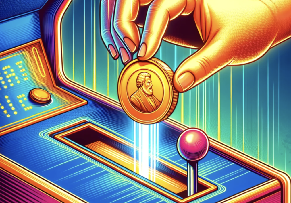 A hand holding up a coin to the side of an arcade machine.